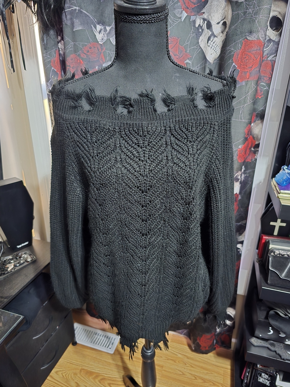 Black Off-the-Shoulder Fringe Cable Knit Sweater